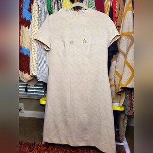 1970s Vintage Mod Style Office Geometric Shape Cream Dress, sz L